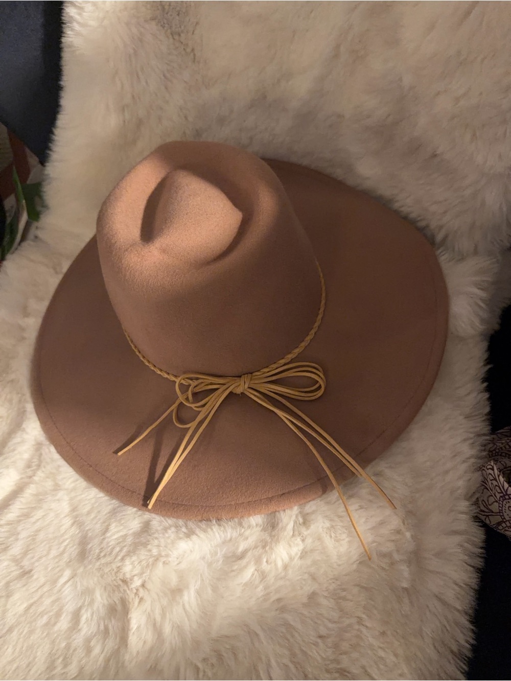 Altar'd State Tan Wide-Brim Felt Fedora with Braided Bow
